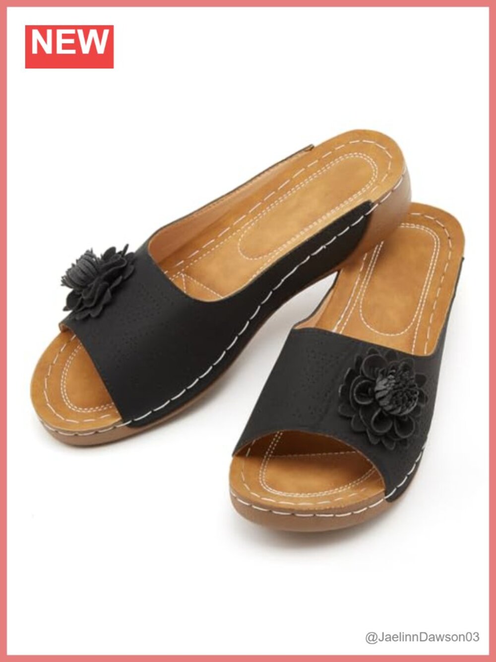 Low Wedge PU Leather Open Toe Slide Sandals with Flower Detail